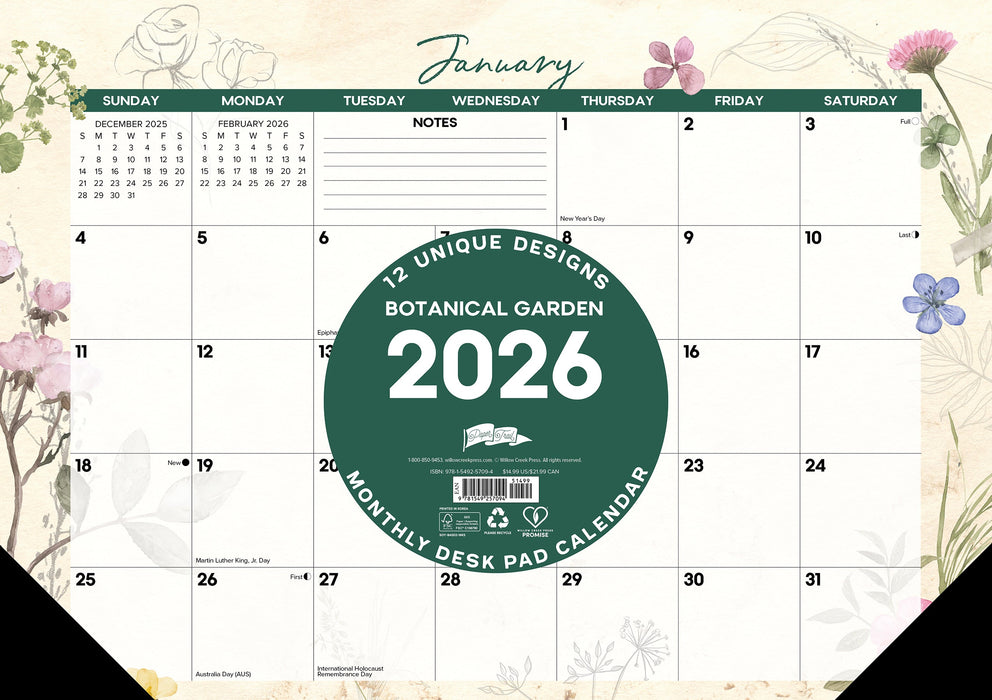 Botanical Garden 2026 17" x 12" Small Monthly Desk Pad