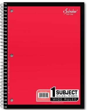 1 Subject Spiral Notebook Wide Ruled 70 Sheet