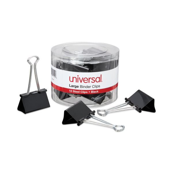 Universal Binder Clips with Storage Tub, Large, Black/Silver, 12/Pack