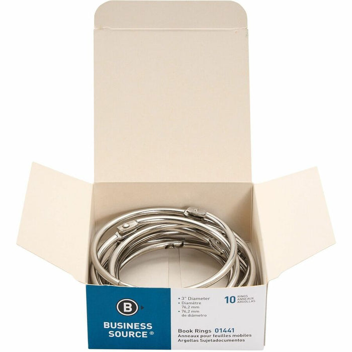 Business Source Standard Book Rings - 3" Diameter - Silver - Nickel Plated - 10 / Box