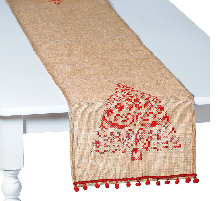 Christmas Tree Holiday Handicraft Burlap Table Runner w/ pom fringe 14 in x 72 in [13783686]