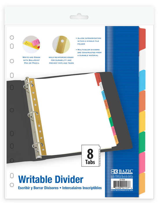 BAZIC White Paper Dividers w/ 8-Writable Color Tabs [2153]