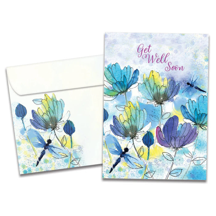 Blue Floral Dragonflies Get Well Greeting Card [22197]