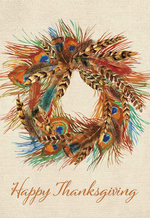 Wreath with Peacock & Pheasant Feathers Thanksgiving Greeting Card [THT47083801]