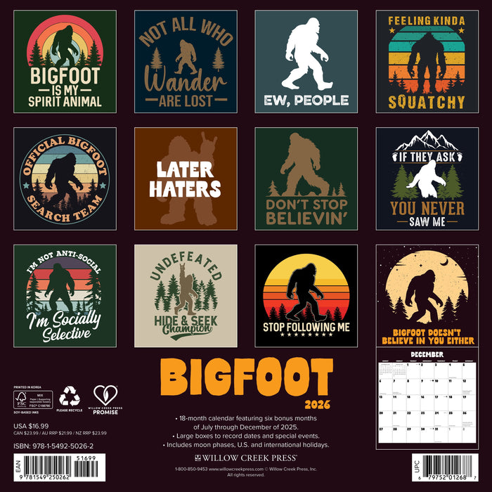 Bigfoot 12" x 12" 2026 Wall Calendar