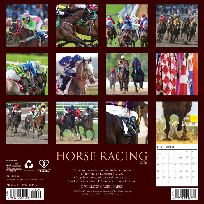 Horse Racing 2026 12" x 12" Wall Calendar