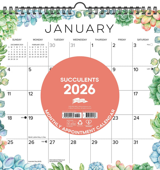Succulents 2026 12" x 12" Spiral Wall Calendar