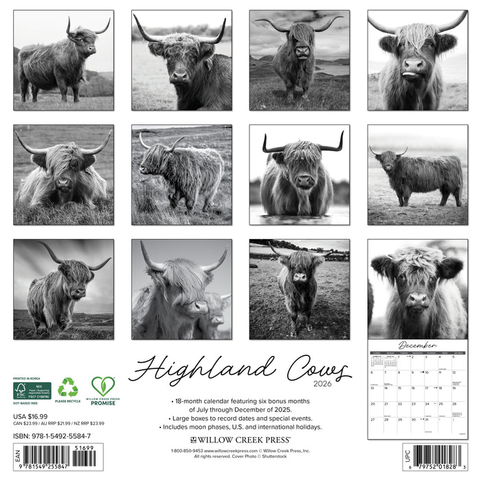 Highland Cows (B&W) 2026 12" x 12" Wall Calendar