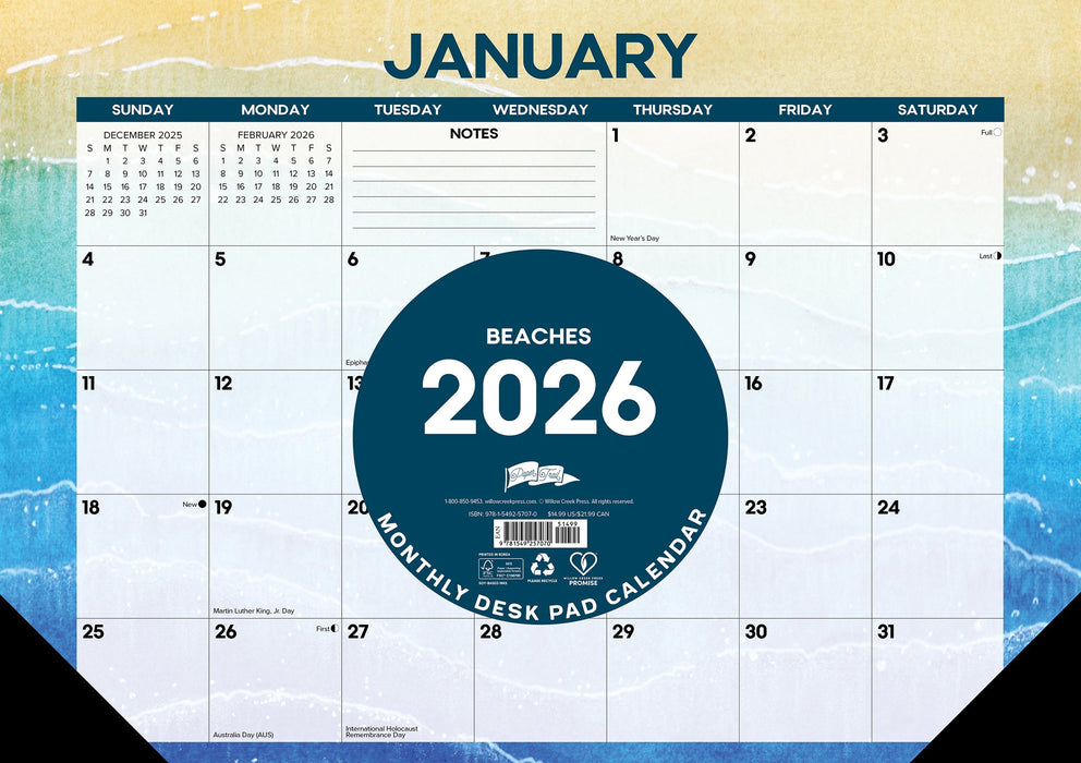 Beaches 2026 17" x 12" Small Monthly Desk Pad