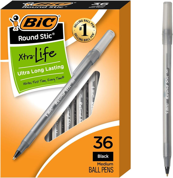 BIC Round Stic Xtra Life Black Ballpoint Pens, Medium Point (1.0mm), 36-Count Pack of Bulk Pens, Flexible Round Barrel for Writing Comfort, No. 1 Selling Ballpoint Pens [18130]
