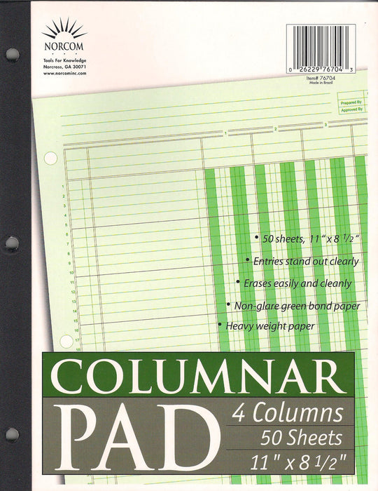 NORCOM Columnar Pad, 8 1/2" X 11", 100 Pages (50 Sheets), 4 Columns, Green [76704]