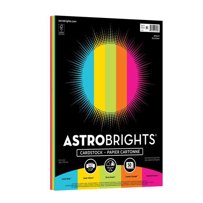 Astrobrights Colored Cardstock, 8.5" x 11", 65 lb./176 Gsm, Bright Assortment, 50 Sheets [99326]