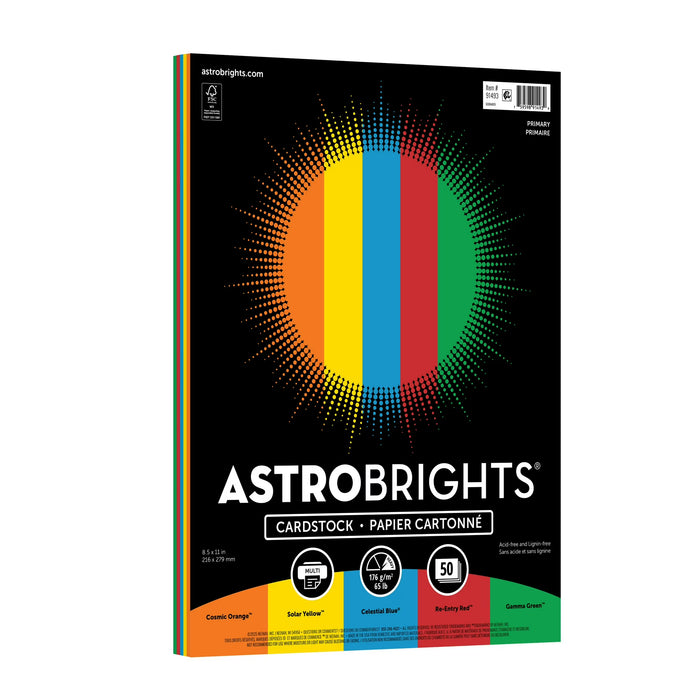 Astrobrights Color Cardstock, 8.5" x 11", 65 lb./176 gsm, Primary Assortment, 50 Sheets [91493]