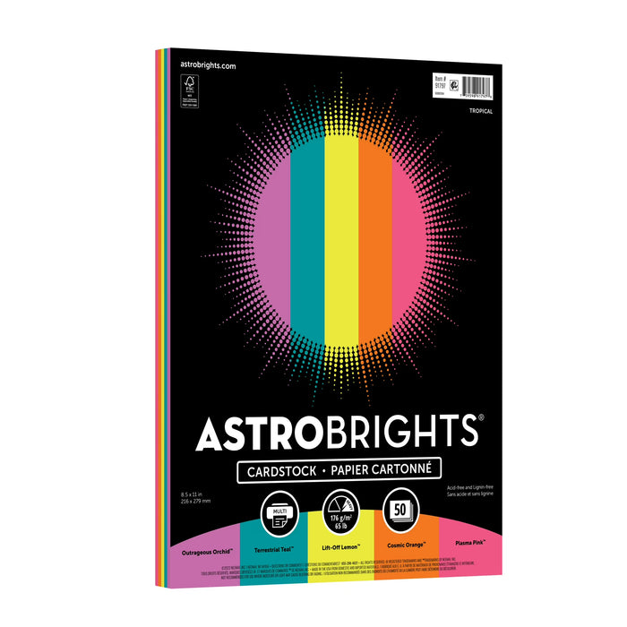 Astrobrights Colored Cardstock, 8.5" x 11", 65 lb./176 Gsm, Tropical Assortment, 50 Sheets [91797]