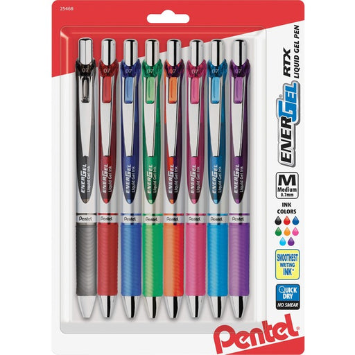 Pentel Liquid Steel Tip Gel Pens, Medium Pen Point - 0.7 mm Pen Point Size - Refillable - Retractable - Assorted Gel-based Ink - Stainless Steel Tip - 8 / Pack