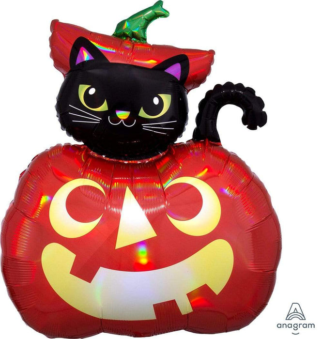 Halloween Iridescent Cat Pumpkin 28 Inch Foil Mylar Balloon  [39987]