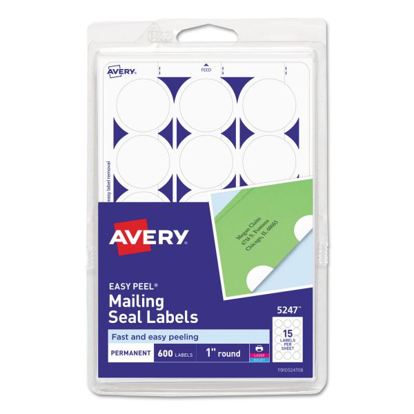Avery Permanent Mailing Seals, 5247, Round, 1" Diameter, Pack Of 600 [AVE05247]