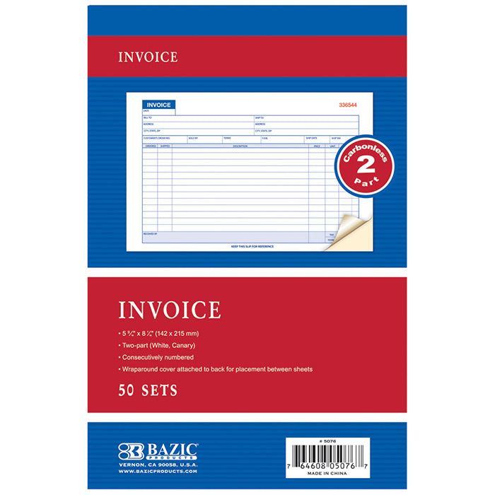 BAZIC 50 Sets 5 9/16 x 8 7/16 2-Part Carbonless Invoice Book [5076]