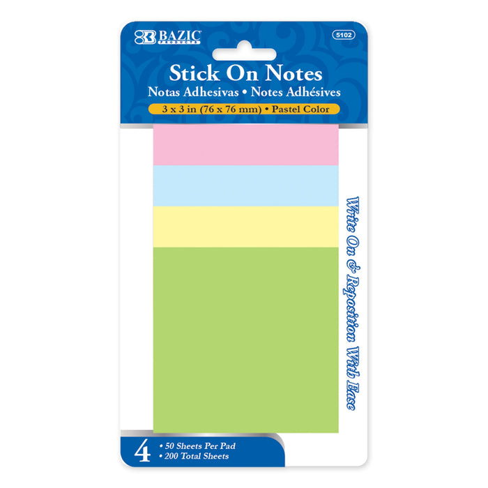 BAZIC Stick On Notes 3" X 3" 40 Ct. (4/Pack) Yelllow [5102]