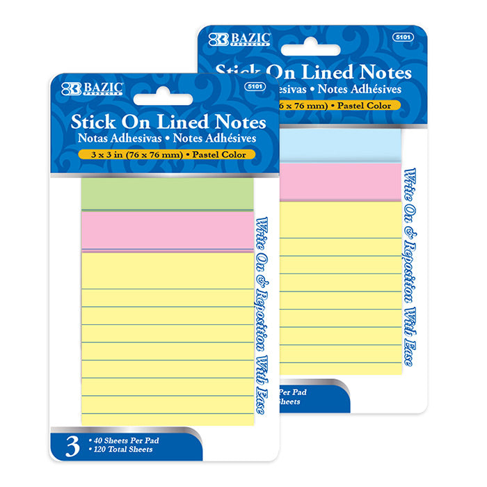 BAZIC Lined Stick On Notes 3″ X 3″ 40 Ct. (3/Pack) [5101]