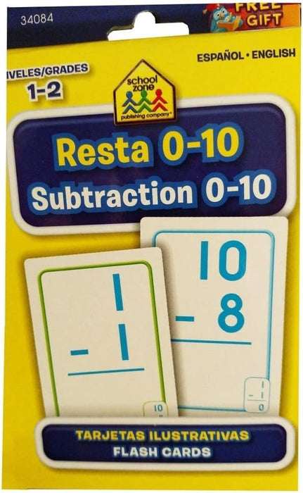 SCHOOL ZONE Bilingual Spanish English Subtraction (Resta) Facts 0-10 Flash Cards Grades 1-2 [34084B]
