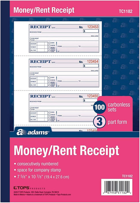 Adams Tapebound 3-part Money Receipt Book, 100 Sheet(s) - Tape Bound [TC1182]
