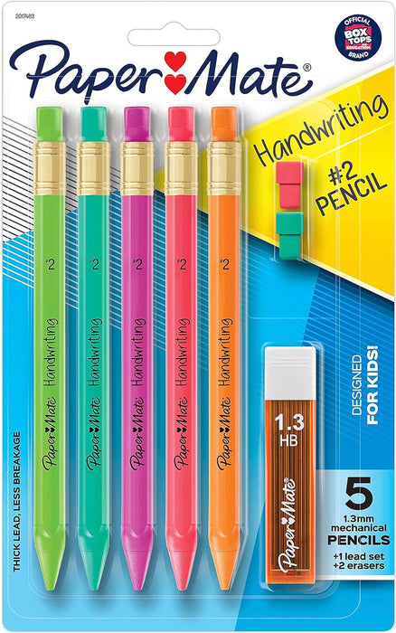 Paper Mate Handwriting Triangular Mechanical Pencil Set with Lead & Eraser Refills, 1.3mm, Fun Barrel Colors, 8 Count [2017483]