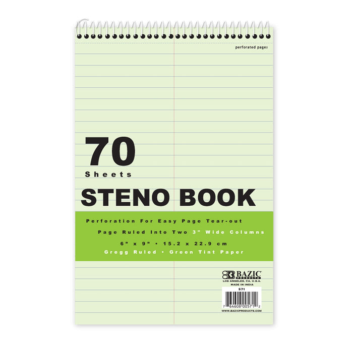 BAZIC 70 Ct. 6" X 9" Green Tint Gregg Ruled Steno Book [571]