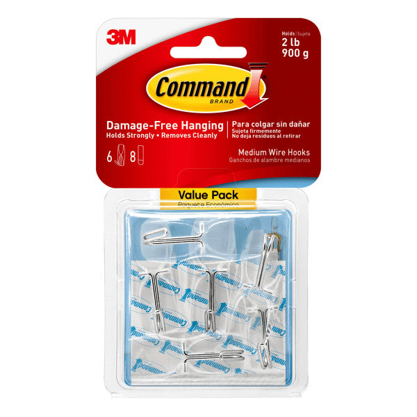 Command Medium Wire Hook Value Pack, Damage-Free, Clear, Pack Of 3 Pairs Of Hooks, 4 Pairs Of Strips [17065CLR6ES] [MMM17065CLR6ES]