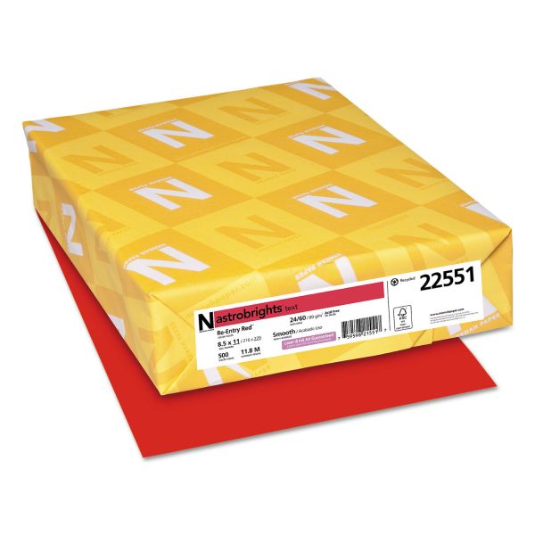 Astrobrights Color Paper, 24 lb, 8 1/2 x 11, Re-Entry Red, 500 Sheets/Ream [WAU22551]
