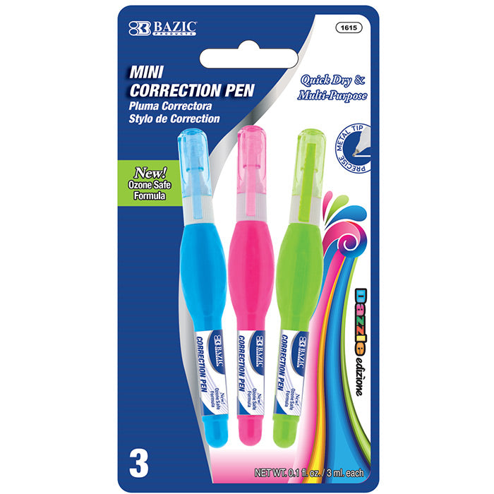 BAZIC 0.1 FL OZ (3 mL) Metal Tip Mini Correction Pen (3/Pack) [1615]