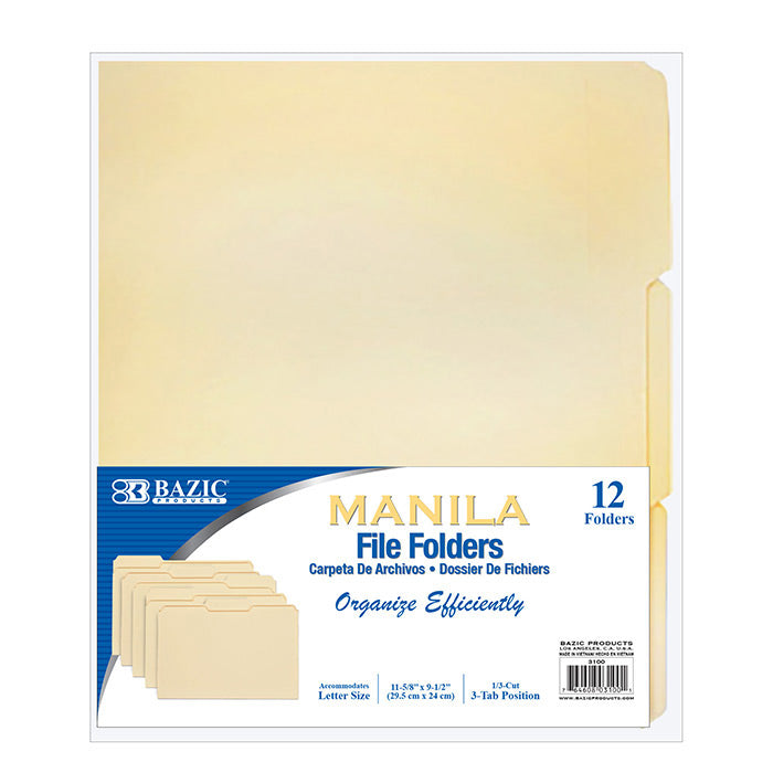 BAZIC 1/3 Cut Letter Size Manila File Folder (12/Pack) [3100]