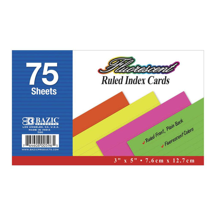 BAZIC 75 Ct. 3" X 5" Ruled Fluorescent Colored Index Card [596]