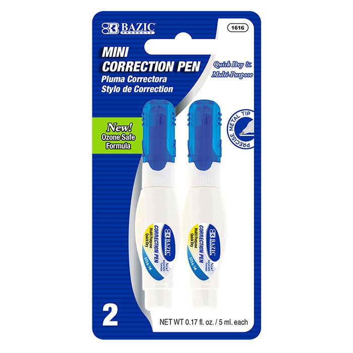 BAZIC 0.17 FL OZ  (32 mL) Metal Tip Mini Correction Pen & Correction Fluid (3 Pack) [1616]