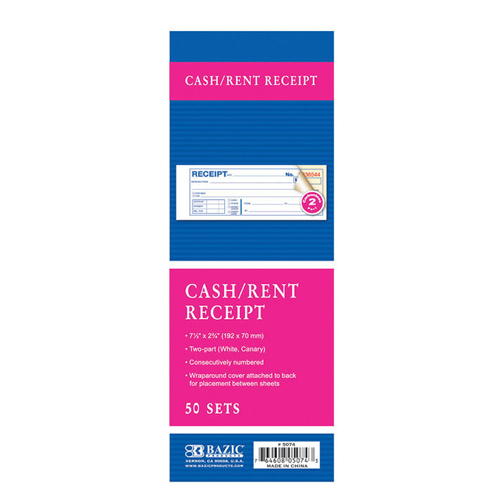 BAZIC 50 Sets 7 1/2" x 2 3/4" 2-Part Carbonless Cash or Rent Receipt Book [5074]