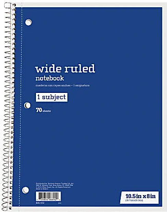 Just Basics Spiral Notebook, 8" x 10-1/2", 1 Subject, Wide Ruled, 70 Sheets, Blue [885419]