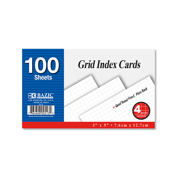 BAZIC 100 Ct. 3 X 5 Quad Ruled 4-1 White Index Card [513]