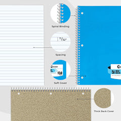 Rosmonde Spiral Notebook, 5 Subject, Wide Ruled, 300 Pages/Book (150 Sheets), 8 x 10-1/2", Bulk School & Office Spiral Notebooks, Sturdy Spiral Journal Notebook, Soft Cover, Assorted Colors