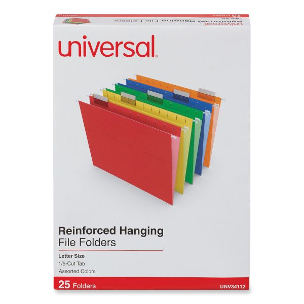 Universal Deluxe Reinforced Recycled Hanging File Folders, Letter Size, 1/5-Cut Tabs, Assorted, 25/Box [UNV34112]
