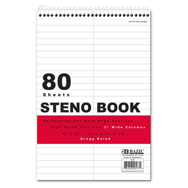 BAZIC 80 Ct. 6" X 9" White Paper Gregg Ruled Steno Book [577]