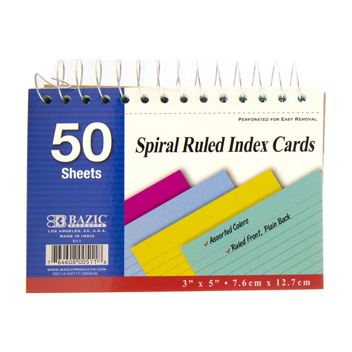 BAZIC 50 Ct. Spiral Bound 3" X 5" Ruled Colored Index Card [511]