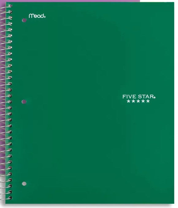 Five Star 1 Subject Spiral Notebook, Wide Ruled, Assorted Color Covers, 10.5 x 7.5, 100 Pages [07110]