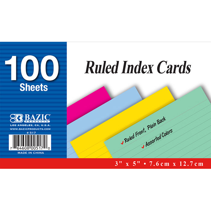 BAZIC 100 Ct. 3" X 5" Ruled Colored Index Card [517]