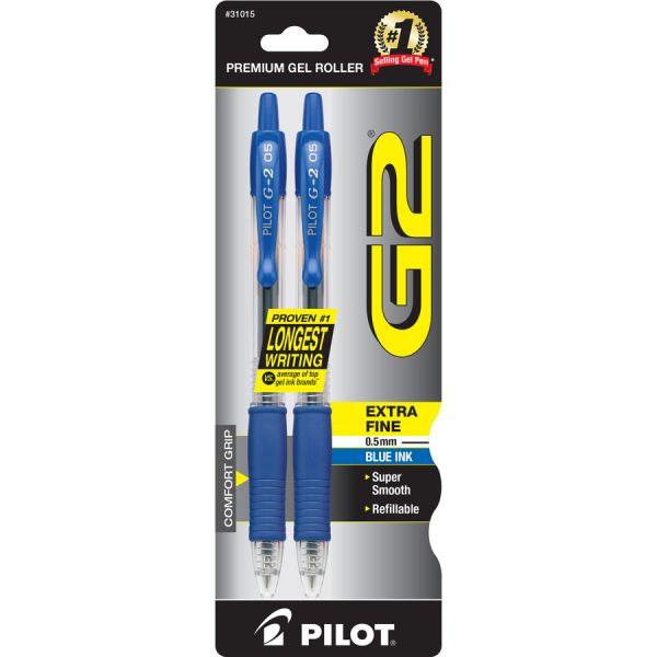 Pilot G2 Retractable Gel Pens Extra Fine Point - 0.50 mm Point Size - Blue Ink - Clear Barrel - 2/ Pack [PIL31015]