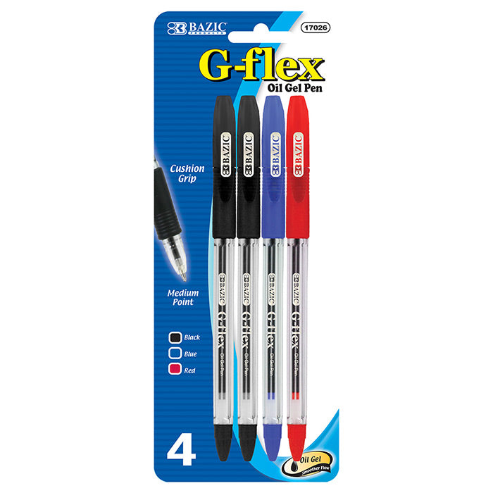 BAZIC G-Flex Asst. Color Oil-Gel Ink Pen w/ Cushion Grip (4/Pack) [17026]