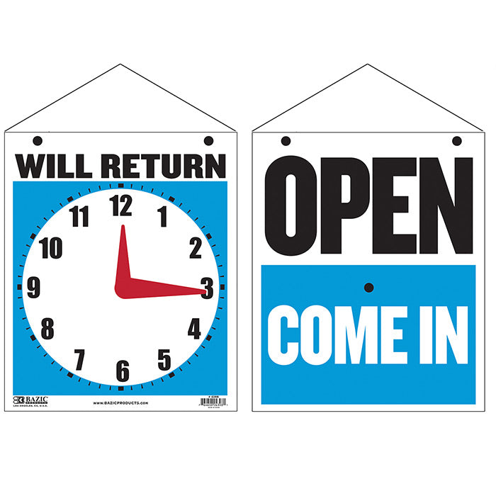 BAZIC 7.5 X 9 WILL RETURN Clock Sign w/ OPEN sign on back [4398]