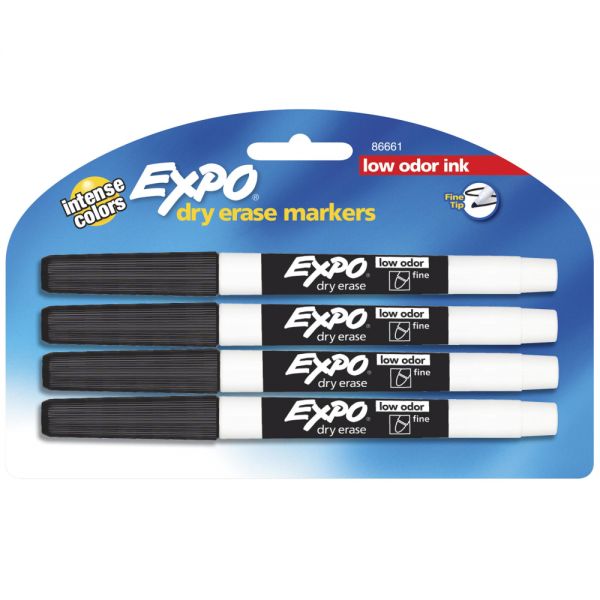 EXPO Low-Odor Dry-Erase Markers, Fine Point, Black, Pack Of 4 [SAN86661]