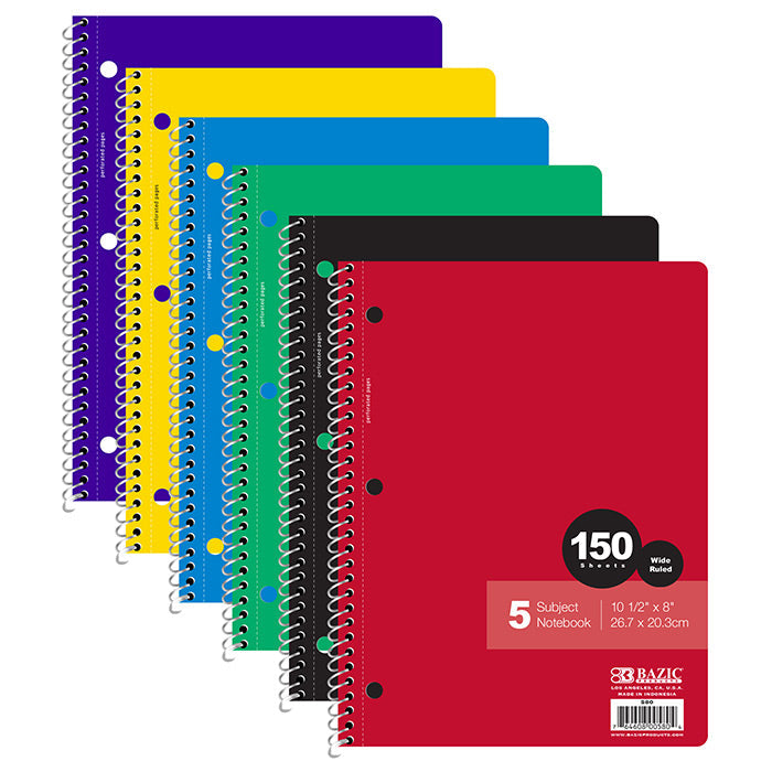 BAZIC 5 Subject Wide Ruled Spiral Notebook 150 Sheets [580]