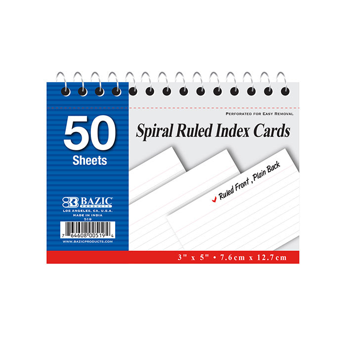 BAZIC 50 Ct. Spiral Bound 3 X 5 Ruled White Index Card [519]