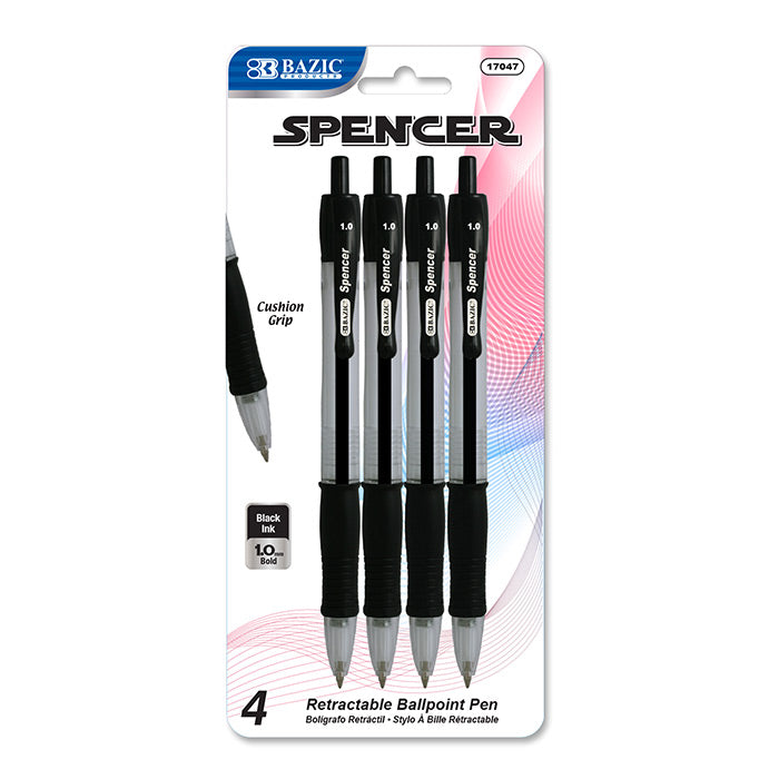 BAZIC Spencer Black Retractable Pen w/Cushion Grip 4 Pack [17047]